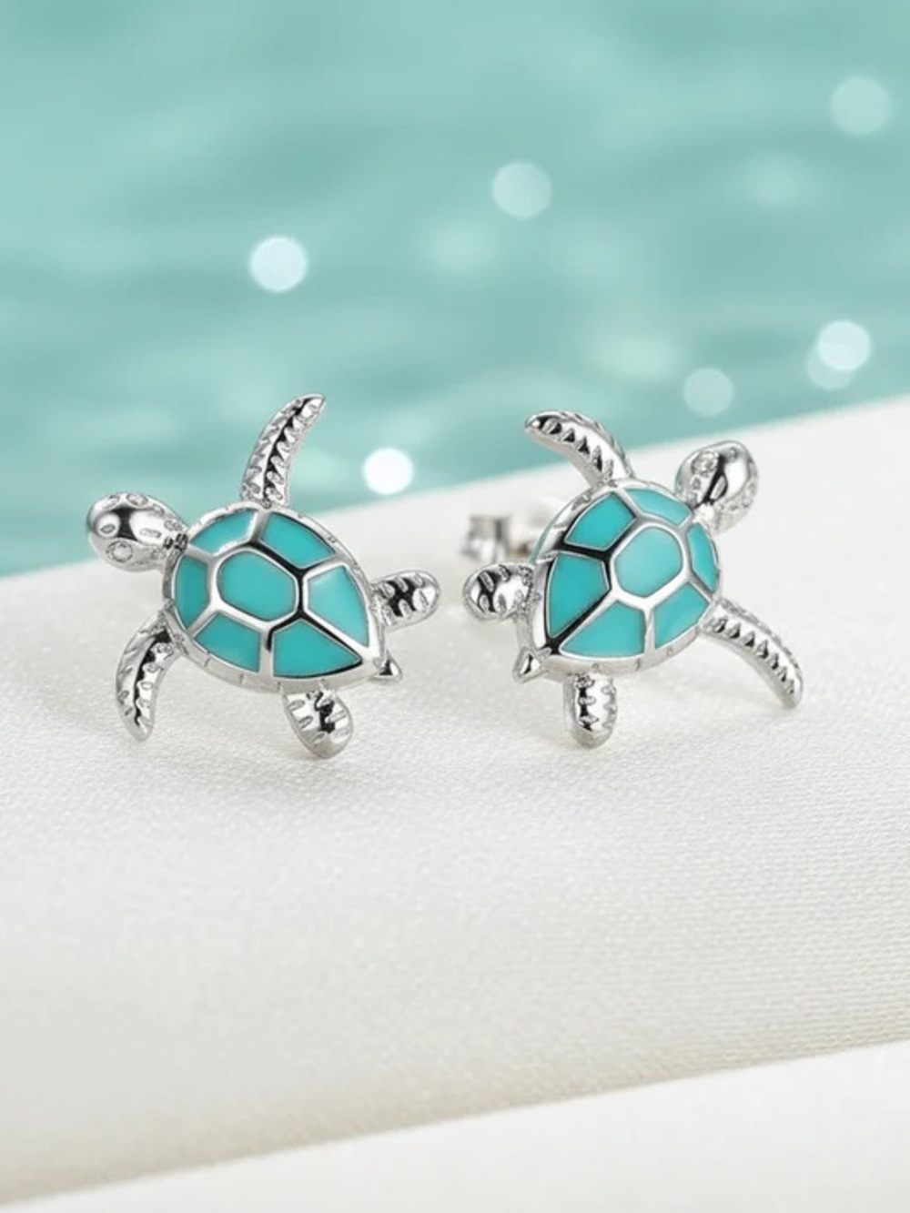 Turquoise Sea Shell & Turtle Mixed Stud Earring Set - Gold and Silver - Picture 4 of 10